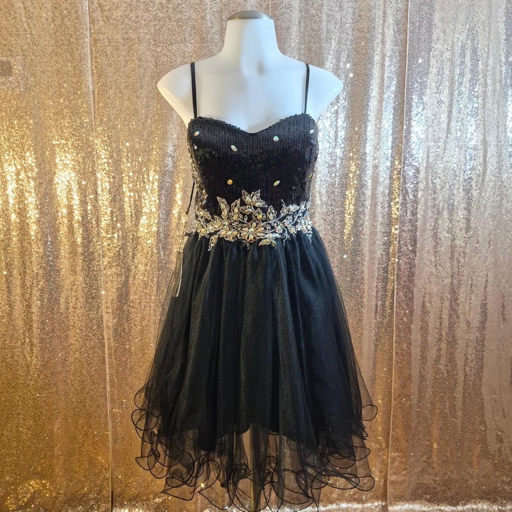 Poly USA Black Sequin Strapless Embellished Tulle Mini HOCO Dress/Size XL